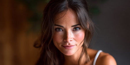 A young woman is captured in a cozy indoor space with gentle lighting. Her relaxed expression conveys calmness, showcasing her natural beauty and serene atmosphere.の素材