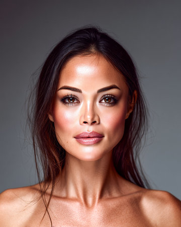 A woman with long dark hair poses confidently in a studio, showcasing her radiant skin and engaging eyes. Soft, warm lighting enhances her natural beauty and elegance.の素材