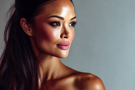 A woman showcases her striking features with a graceful pose against a neutral background, illuminated by soft light highlighting her natural beauty and elegance.の素材