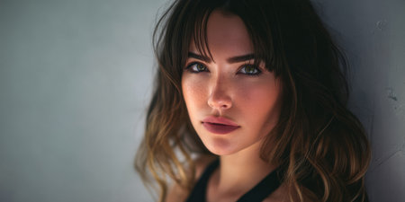 A young woman stands against a plain wall with soft lighting highlighting her features. She has long hair and a confident expression, creating a captivating look.の素材