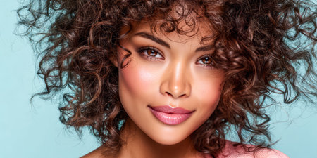 A young woman with beautiful curly hair smiles warmly, highlighting her natural features and glowing skin. The light blue background enhances her captivating presence and confidence.の素材