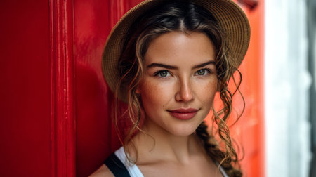 A young woman with wavy hair and a straw hat smiles softly while leaning against a bright red door. The warm sunlight enhances her features, creating a lively atmosphere.の素材