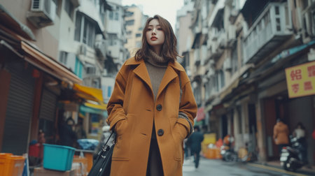 Young woman wearing a mustard coat and carrying a handbag strolls confidently down a bustling city street filled with shops and lively atmosphere in daylight.の素材