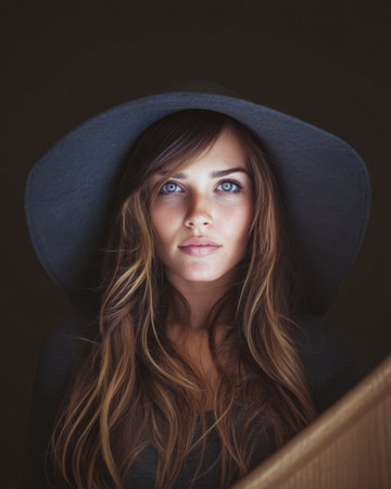 A young woman with striking blue eyes and long hair stands boldly under a large black hat. The dark backdrop highlights her features and creates a captivating atmosphere.の素材