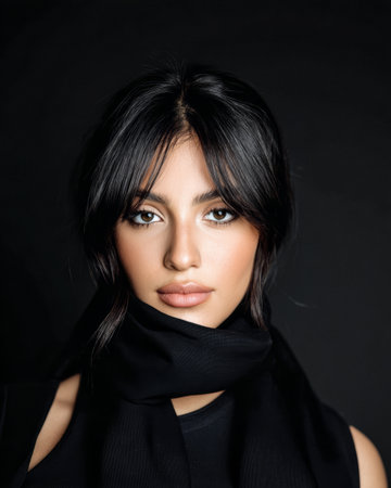 A model showcases her beauty with soft makeup and stylish hair, wearing a black scarf that complements her outfit.の素材