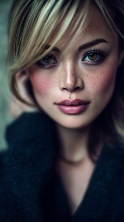 A woman poses with a soft smile, showcasing her freckles and captivating eyes. She wears a dark sweater, and the lighting highlights her features in a warm and inviting manner.の素材