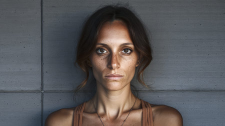 A woman stands against a smooth, textured wall, illuminated by soft natural light. Her freckles contrast with the wall, emphasizing her calm and confident demeanor.の素材