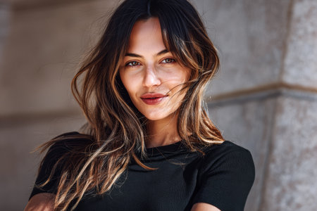 A young woman stands outdoors, her long hair gently tousled by the wind as she gazes into the camera. The sunlight highlights her features against a warm city backdrop.の素材