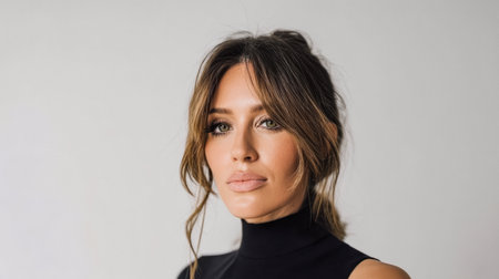 A female model poses confidently with long, wavy hair pulled back, wearing a sleek black top. The setting is minimalistic with soft lighting, emphasizing her features and style.の素材