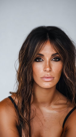 A woman with long, wavy hair poses against a soft light background. Her makeup accentuates her expressive features, highlighting her natural beauty and confident demeanor.の素材