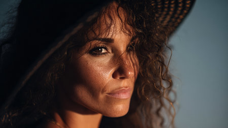A woman with curly hair and a large sun hat stands on a beach, her gaze directed off-camera as the sun sets behind her, casting warm light and shadows.の素材