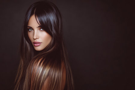 A young woman with striking features and long, shiny hair stands confidently against a dark backdrop. Her gaze is direct, exuding charm and poise while highlighting her unique beauty.の素材