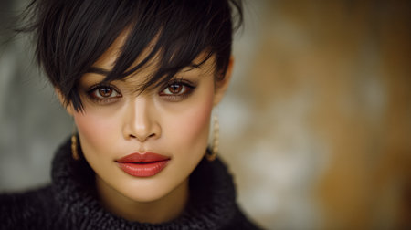 A close-up view captures a woman with dark hair styled beautifully. She has captivating brown eyes and striking makeup. The background is softly blurred, adding focus to her features.の素材