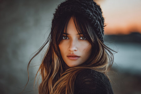 In a serene setting during sunset, a woman with long hair and striking features looks directly at the viewer, dressed in a warm black hat and sweater. The soft light highlights her beauty.の素材