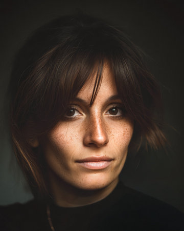 A woman showcases her natural beauty with freckles and softly illuminated features. The warm lighting highlights her unique expression and confidence.の素材