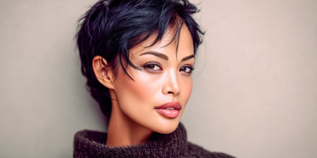 A woman showcases her striking features with short black hair styled elegantly. She wears a cozy sweater, and her facial expression exudes confidence and poise in a simple setting.の素材