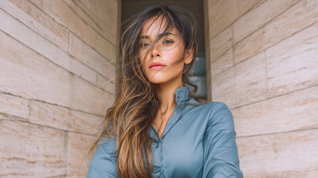 A young woman stands outside, her long hair tousled by a gentle breeze. She wears a stylish shirt and poses confidently in front of a contemporary building.の素材