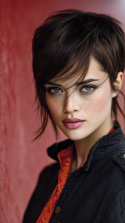 A young woman with short brown hair and striking blue eyes stands confidently. She wears a black jacket over colorful attire, creating a bold visual impact.の素材