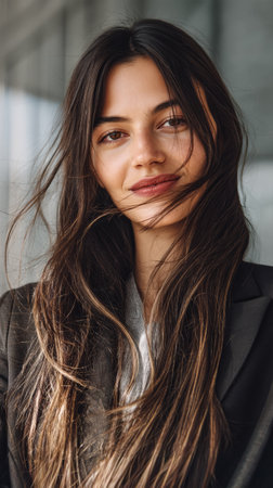 A woman with long, flowing hair smiles gently while standing indoors. Soft natural light illuminates her features, creating a warm and inviting atmosphere in the late afternoon.の素材