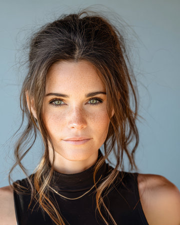 A young woman with striking green eyes and wavy brown hair stands confidently in front of a blue backdrop. She has a natural look, radiating a calm and approachable aura in bright light.の素材