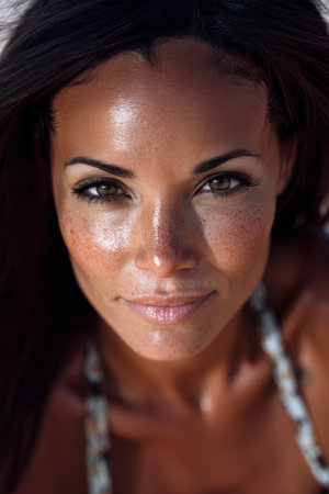 A woman exudes confidence while sitting outdoors, basking in the sunlight. Her skin glows with health, showcasing freckles and a natural beauty that reflects joy and relaxation.の素材