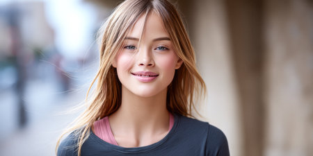 A young woman with long hair walks confidently, wearing casual clothes in an urban environment. She smiles warmly at the camera while bright daylight enhances the scene.の素材