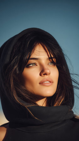 A woman with long hair and a hoodie looks into the distance as warm sunlight lights her face, capturing a moment of reflection against a serene backdrop.の素材