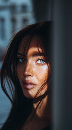 A woman stands partially in shadow, her freckled skin glowing as sunlight highlights her features. The urban background forms a beautiful contrast in this captivating moment.の素材