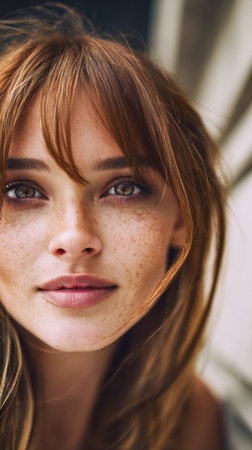 A young woman is smiling gently, showcasing her freckles and long brown hair. The bright sunlight highlights her features, creating a warm and inviting atmosphere in the background.の素材