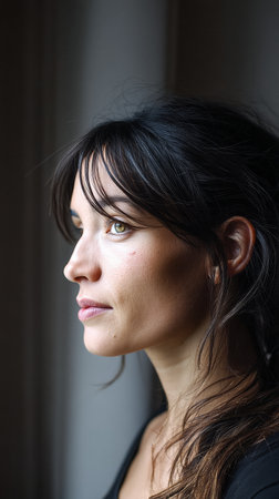 A woman with dark hair and green eyes stands by a window, lost in thought. The warm light highlights her features, creating a serene atmosphere that conveys introspection.の素材