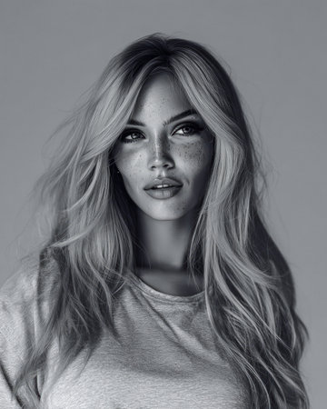 A woman with long hair and freckles poses confidently, her expression exuding charm and allure. Soft lighting enhances her features, creating a striking contrast.の素材