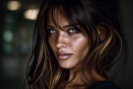 A woman gazes into the lens with captivating green eyes and natural freckles, her hair elegantly framing her face. Soft light enhances her features, creating a warm and inviting atmosphere.の素材