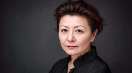 A woman with stylish hair and a serious expression poses elegantly in a studio, dressed in black attire. The dark backdrop highlights her features and sophisticated look.の素材