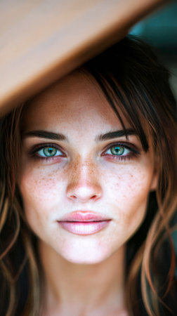 A woman with vibrant green eyes and natural freckles gazes directly into the camera. Sunlight highlights her features, creating an inviting and warm atmosphere.の素材