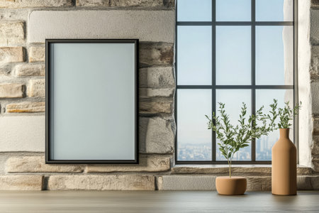 Natural light streams through a large window, illuminating a minimalist interior featuring an empty frame, a decorative vase, and fresh greenery against a stone wall.の素材