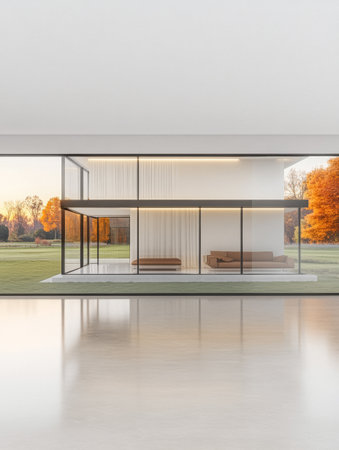 A contemporary glass house features an open layout with a seamless view of the fall-colored landscape. The warm afternoon light highlights the elegant design and tranquil surroundings.の素材