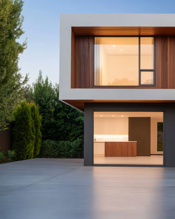 A stylish residential home features a spacious open kitchen with modern finishes. The structure is framed by well-maintained greenery, creating a peaceful ambiance at dusk.の素材