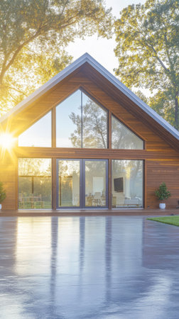 Warm sunlight illuminates a contemporary wooden house featuring expansive glass windows, surrounded by lush greenery. A serene outdoor space enhances the inviting atmosphere.の素材