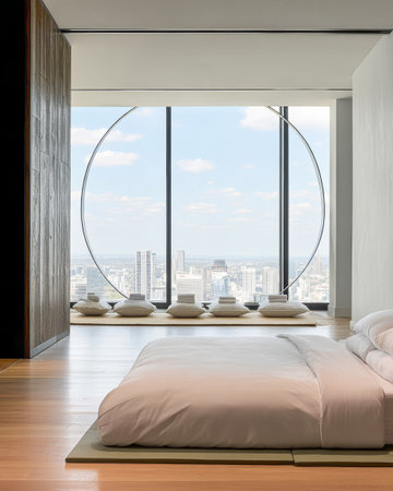 A spacious bedroom features a large circular window framing a stunning city view. The minimalist decor includes a low bed and comfortable seating, creating a tranquil atmosphere.の素材
