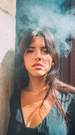 A young woman gazes confidently at the camera while standing beside a textured wall. Light smoke swirls around her, enhancing the vibrant atmosphere of the urban location.の素材