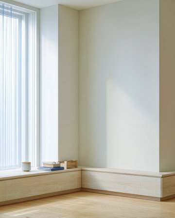 Bright natural light illuminates a minimalist corner featuring soft textures and understated decor. A wooden windowsill holds a book and a candle, enhancing the serene atmosphere.の素材