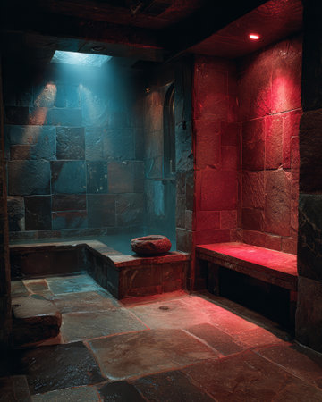 A tranquil steam bath showcases rustic stone walls, illuminated by soft colored lights. Water droplets glisten in the moist atmosphere, creating a calming ambiance for relaxation.の素材