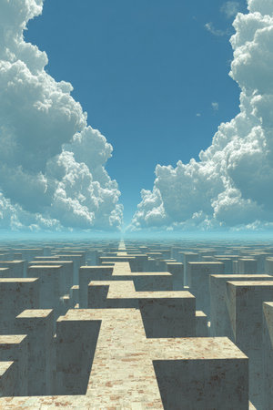 Stretching endlessly, a maze of stone pathways connects in a surreal landscape. A vibrant blue sky and billowing white clouds create a dreamlike atmosphere above.の素材