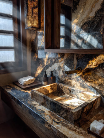 Natural light streams through the windows of an elegant bathroom adorned with rich stone surfaces and stylish fixtures. The blend of textures creates a warm and inviting atmosphere.の素材