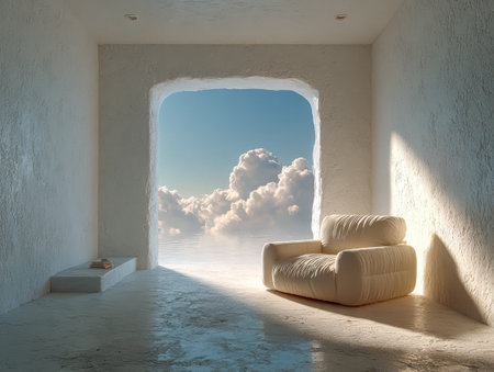 A simple room features a white textured wall and a comfortable couch looking out onto a clear sky with soft clouds. Natural light fills the space, creating a tranquil atmosphere.の素材