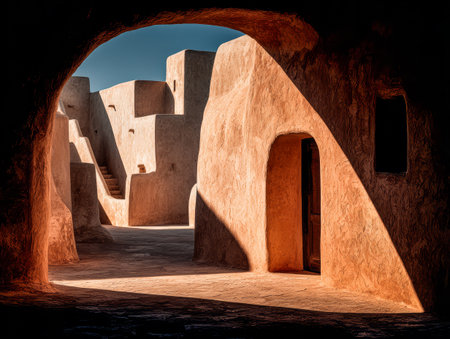 Visitors walk through a beautifully crafted adobe structure, experiencing the light and shadows that dance across the rugged walls. The scene is tranquil and historically rich.の素材