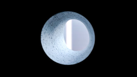 A round hole reveals a beam of light in a dark setting, offering a unique view. The soft texture of the opening contrasts with the brightness from the light source beyond.の素材