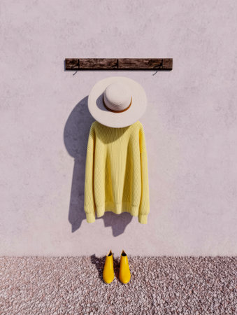 A bright yellow sweater hangs from a wooden hook against a light wall, paired with a wide-brimmed hat and matching yellow shoes on the ground, creating a vibrant and modern display.の素材