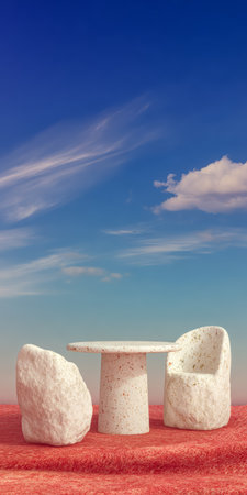 This tranquil setting features a white stone-like table and two matching chairs placed on a textured red surface. The serene sky transitions from blue to soft hues of pink and orange at sunset.の素材