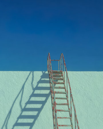 A rusty metal ladder stands against a white wall, casting a long shadow on the ground, under a clear blue sky in bright daylight. The scene evokes feelings of curiosity and exploration.の素材